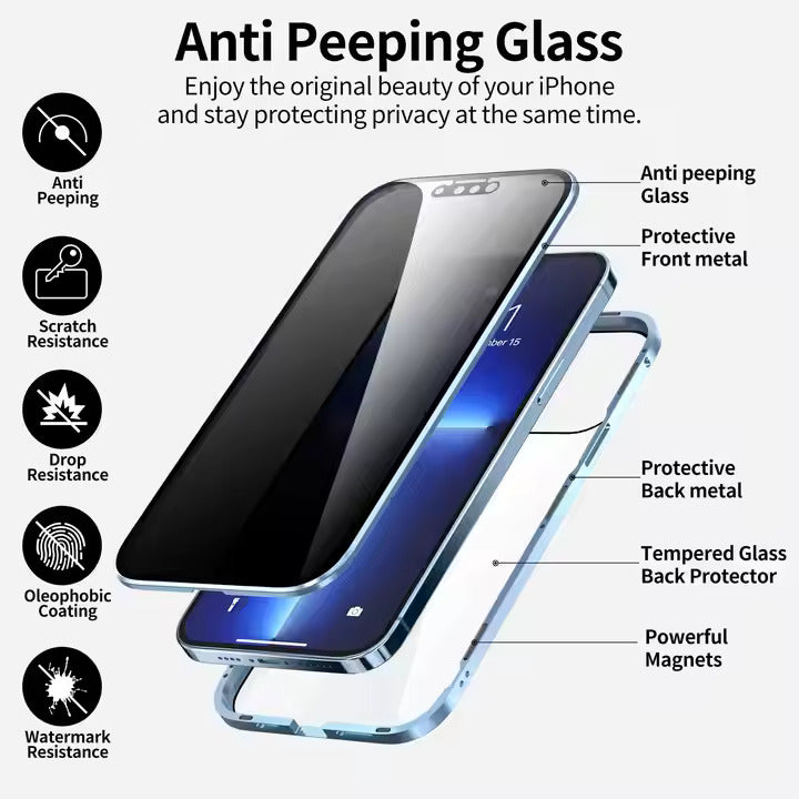 Anti Peeping Magnetic Double Sided Glass Protector Metal Bumper Anti Spy Privacy Screen Phone Case for iPhone