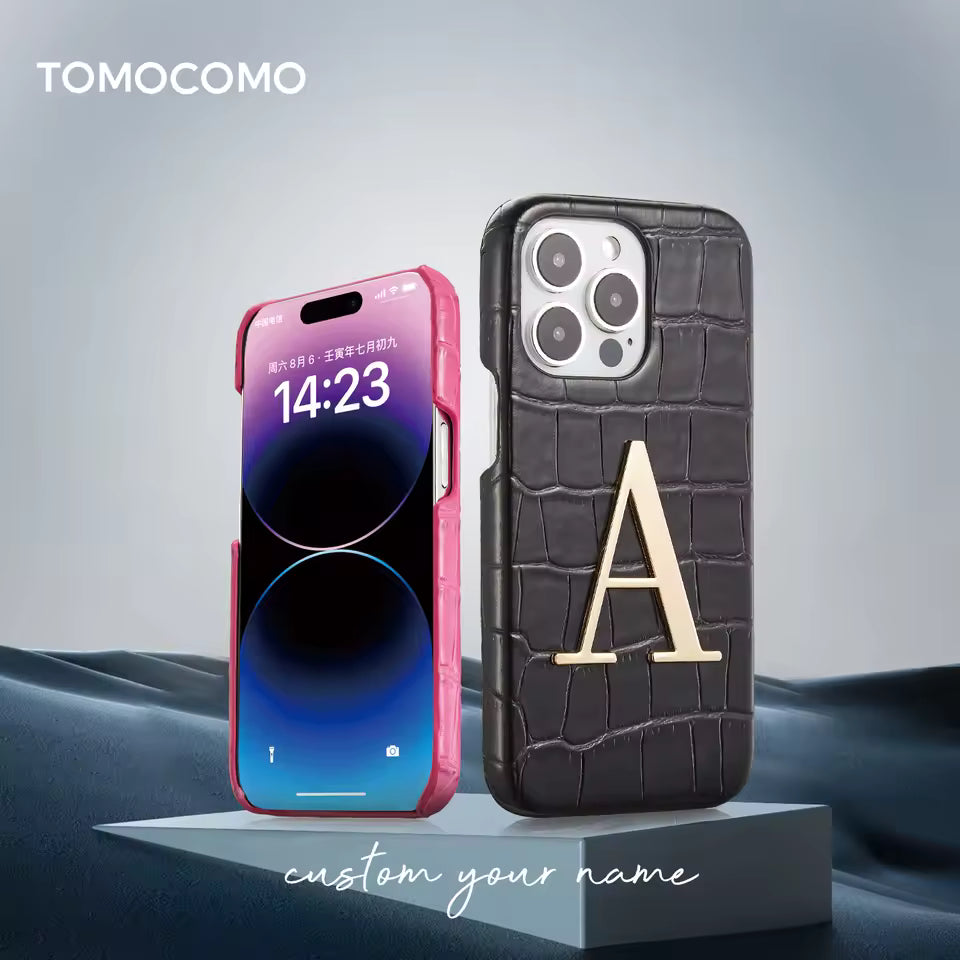 Luxury Crocodile Leather Shockproof Cover Custom Name Gold Metal Letter iPhone 11 12 13 14 15 16 Pro