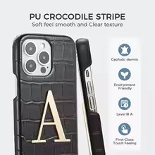 Luxury Crocodile Leather Shockproof Cover Custom Name Gold Metal Letter iPhone 11 12 13 14 15 16 Pro