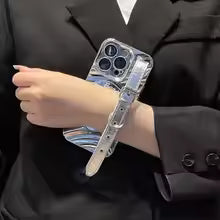INS Korean Y2k Punk Cool Silver Belt Wristband Phone Case or iPhone 15 Pro Max 11 12 13 14 15 16  Pro Mirror Shockproof Cover