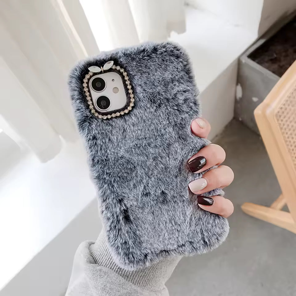 Fur Plush Phone Case for iPhone 14 13 12 11 Pro Max XS Max XR X SE 2020 6S 7 8 Plus Luxury Diamond Glitter Warm Furry Soft Cover