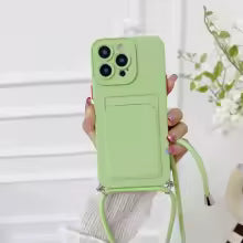 Luxuly Noble Green Insert Card Bag Soft Phone Case For IPhone 11 13 12 14 Pro Max Xs XR 8 7 Plus SE Crossbody Lanyard Rope Cover