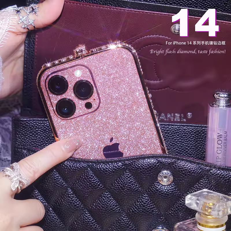 Luxury Glitter Case For iPhone 12 13 14 15 16 Pro Max Jewelled Plus Metal Frame Sticker Backplane Plus uncover Apple LOGO